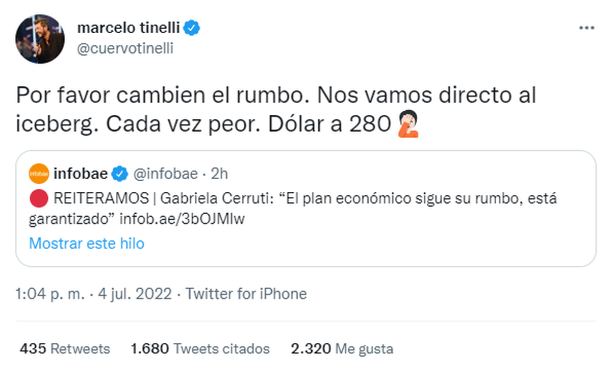 Marcelo Tinelli utilizó su Twitter para caerle al Gobierno Nacional.