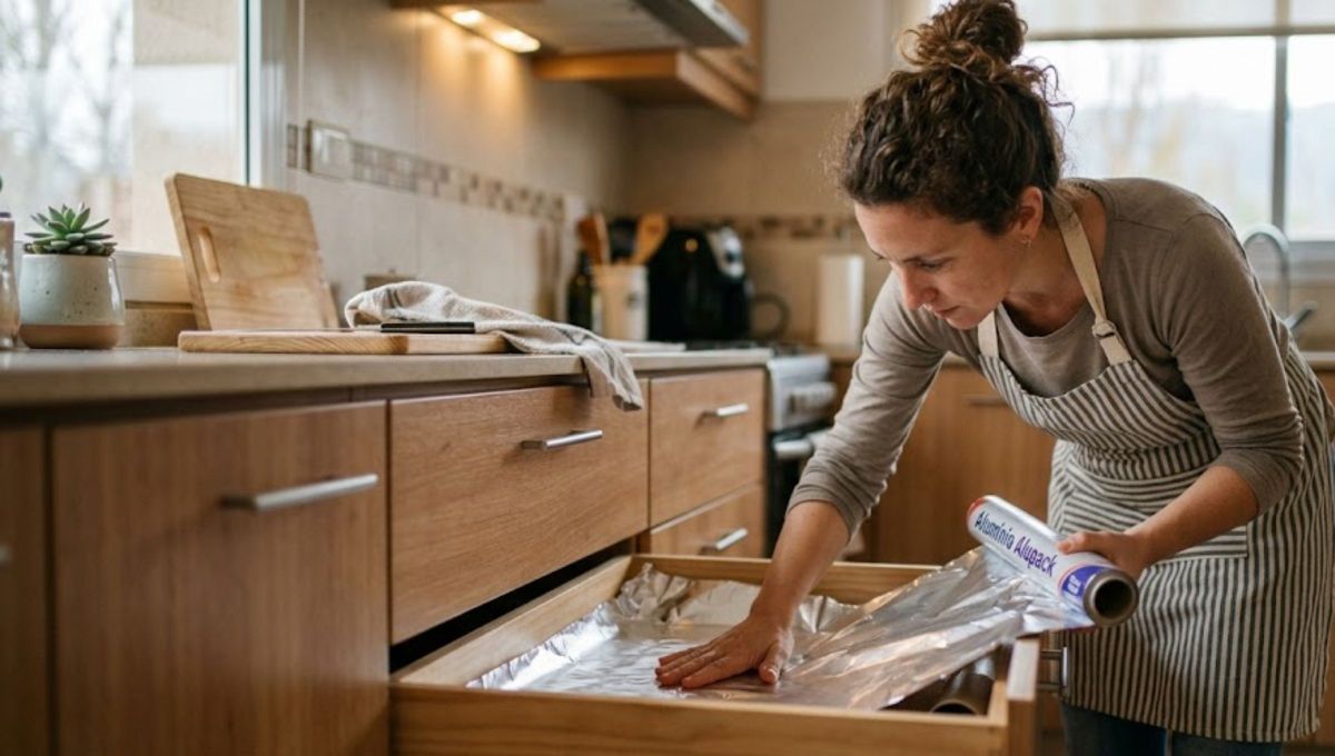 Forrar cada cajón con papel aluminio es una estrategia inteligente que combina higiene, ahorro y protección.