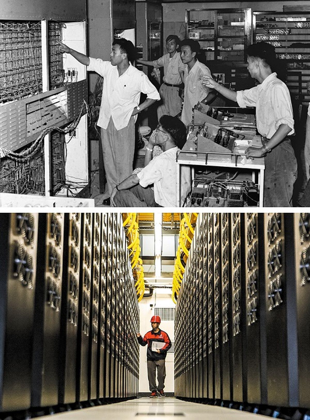 Desde arriba: Técnicos operan la primera computadora de China en 1958. LI JILU / XINHUA Un técnico en el centro de supercomputación de Gui’an, provincia de Guizhou, en agosto. LIU XU / XINHUA Desde arriba: Técnicos operan la primera computadora de China en 1958. LI JILU / XINHUA Un técnico en el centro de supercomputación de Gui’an, provincia de Guizhou, en agosto. LIU XU / XINHUA 