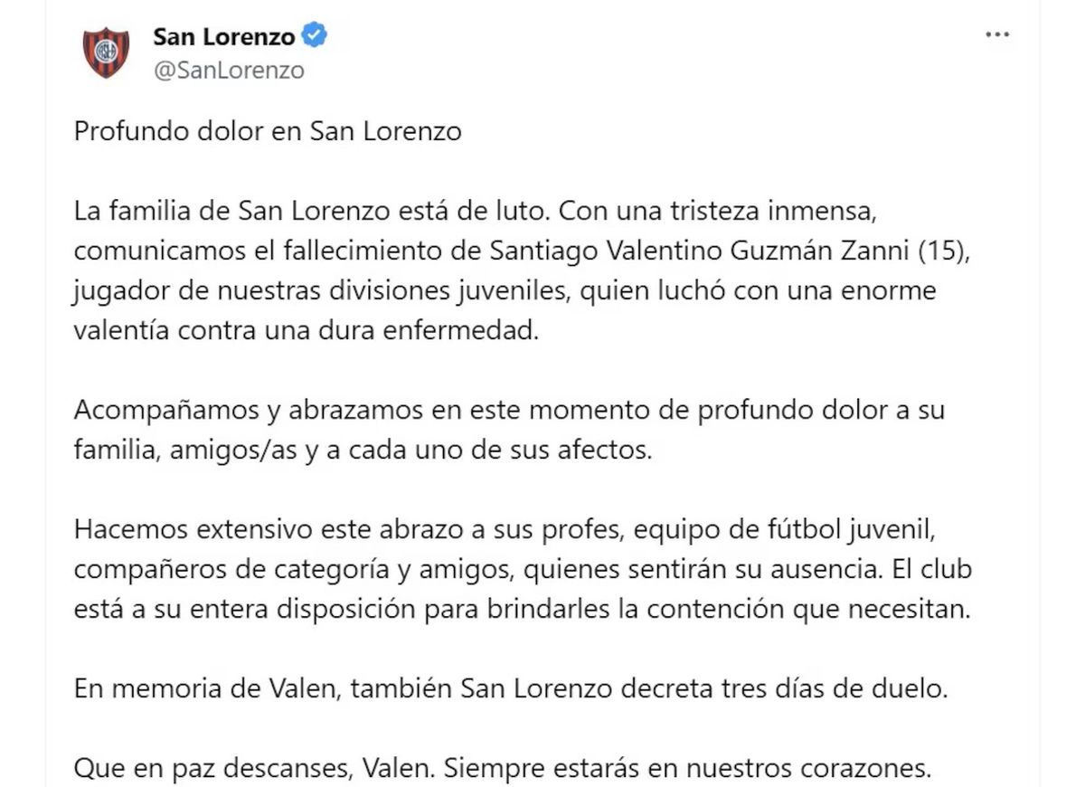 El comunicado del fallecimiento del jugador de San Lorenzo.