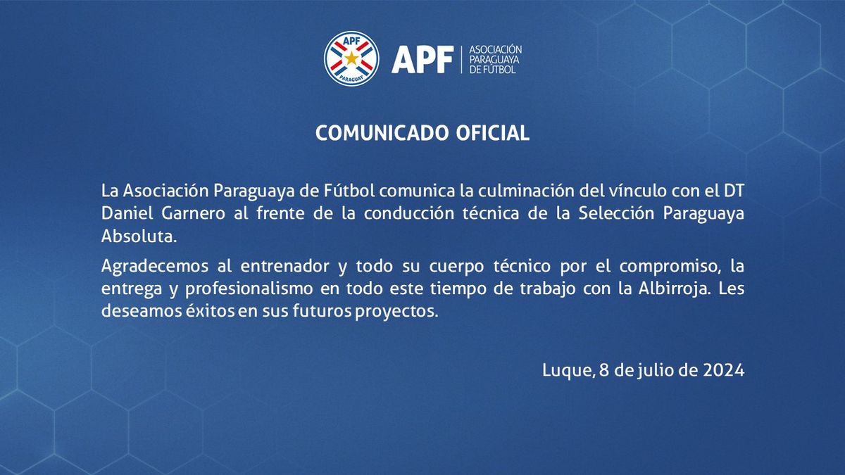 El comunicado de la Asociación Paraguaya de Fútbol. El comunicado de la Asociación Paraguaya de Fútbol.