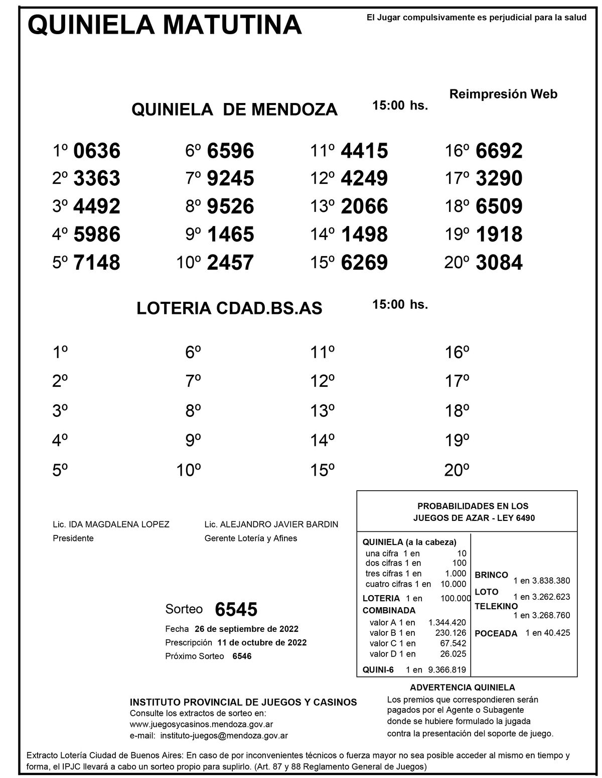 Extracto de la Quiniela de Mendoza en su edición Matutina del 26 de septiembre.