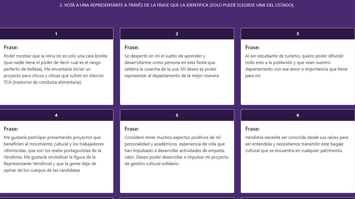 Así se muestra a cada una de las representantes en la página web del municipio. Una frase y un número. No hay posibilidad de identificar quién es cada postulante.
