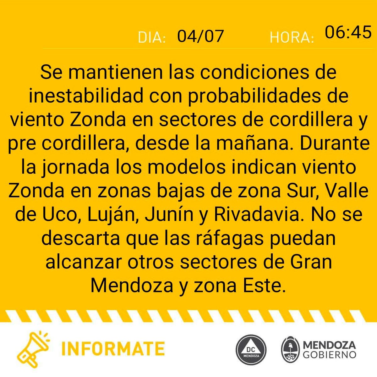 Defensa Civil emitió este domingo una alerta amarilla para algunas zonas de Mendoza.