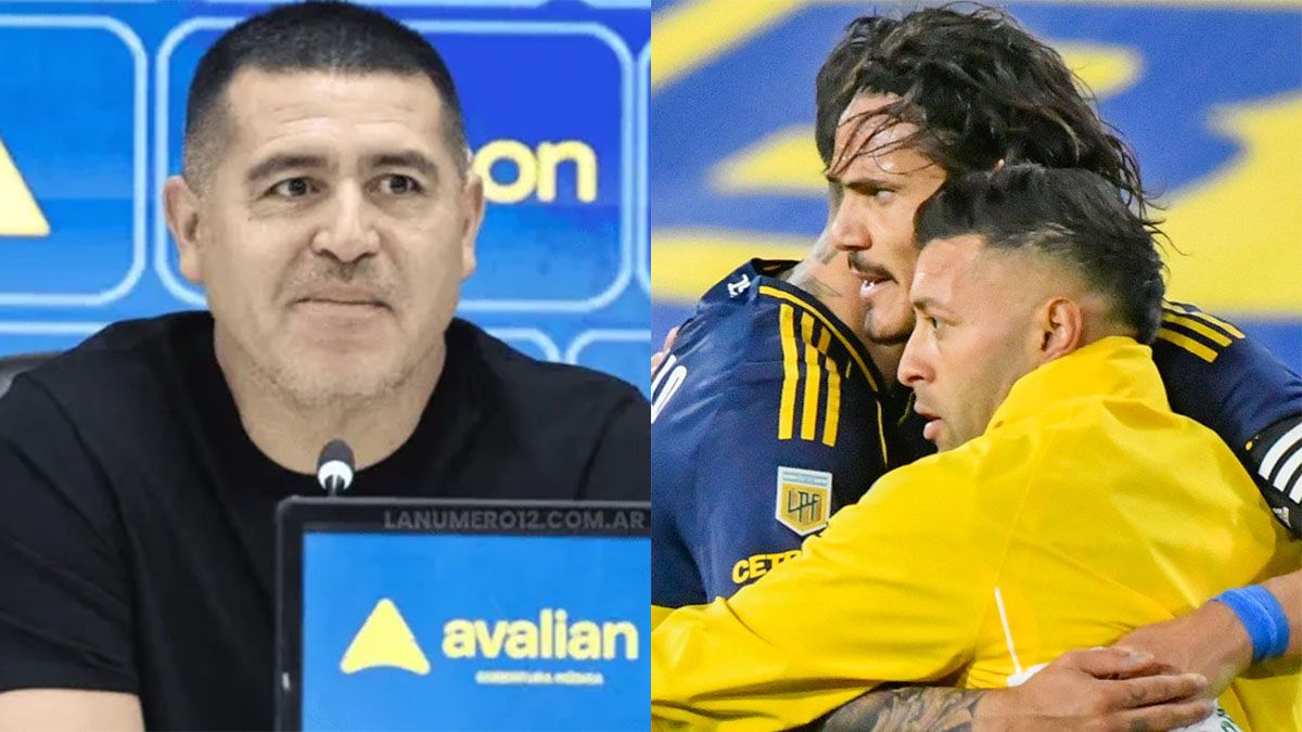 Juan Román Riquelme tuvo un llamativo gesto con Cavani. El goleador es abrazado por sus compañeros.