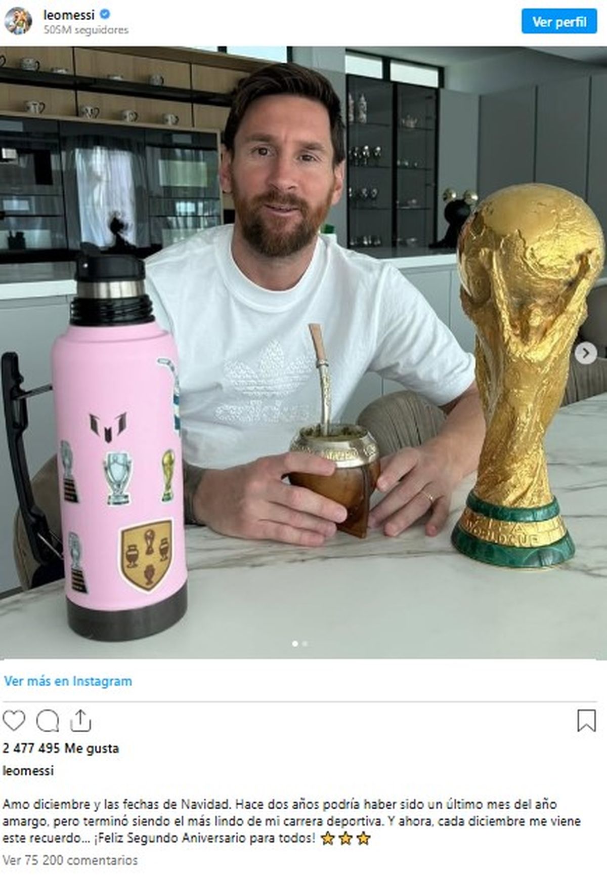La publicación de Lionel Messi en el marco de nuevo aniversario por la obtención de la Copa del Mundo en Qatar 2022. La publicación de Lionel Messi en el marco de nuevo aniversario por la obtención de la Copa del Mundo en Qatar 2022.