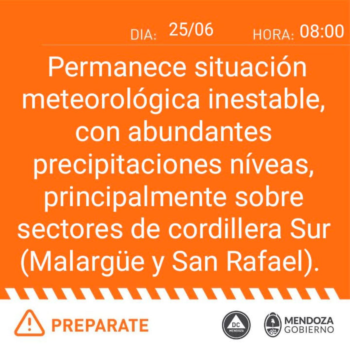 Defensa Civil emitió este domingo una alerta naranja para algunas zonas de Mendoza. Defensa Civil emitió este domingo una alerta naranja para algunas zonas de Mendoza.
