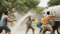 El video de un grupo de hombres aprovechó el paso del camión de riego por una plaza de Godoy Cruz para refrescarse del calor mientras jugaban al fútbol