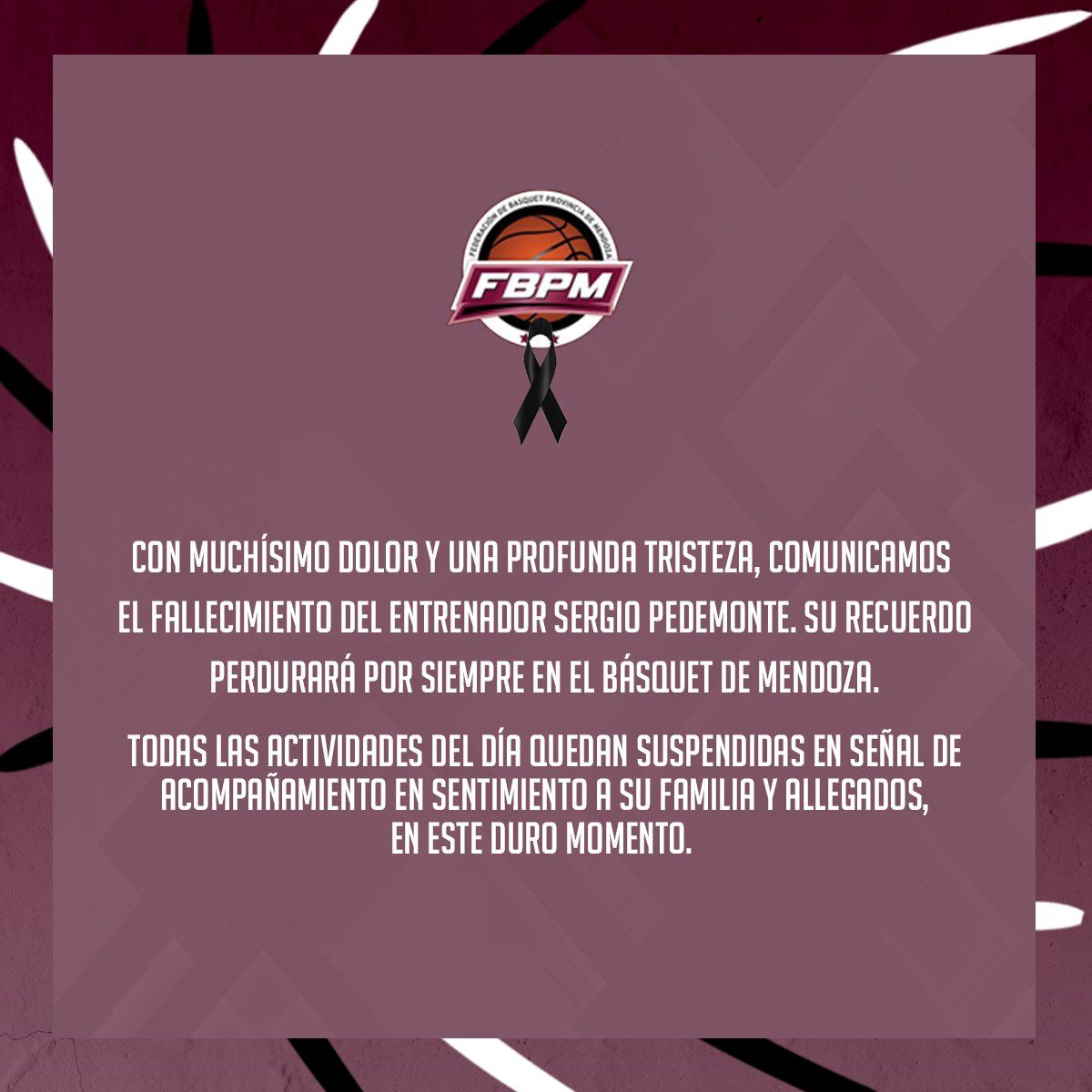 La Federación de Mendoza comunicó el fallecimiento de Sergio Pedemonte