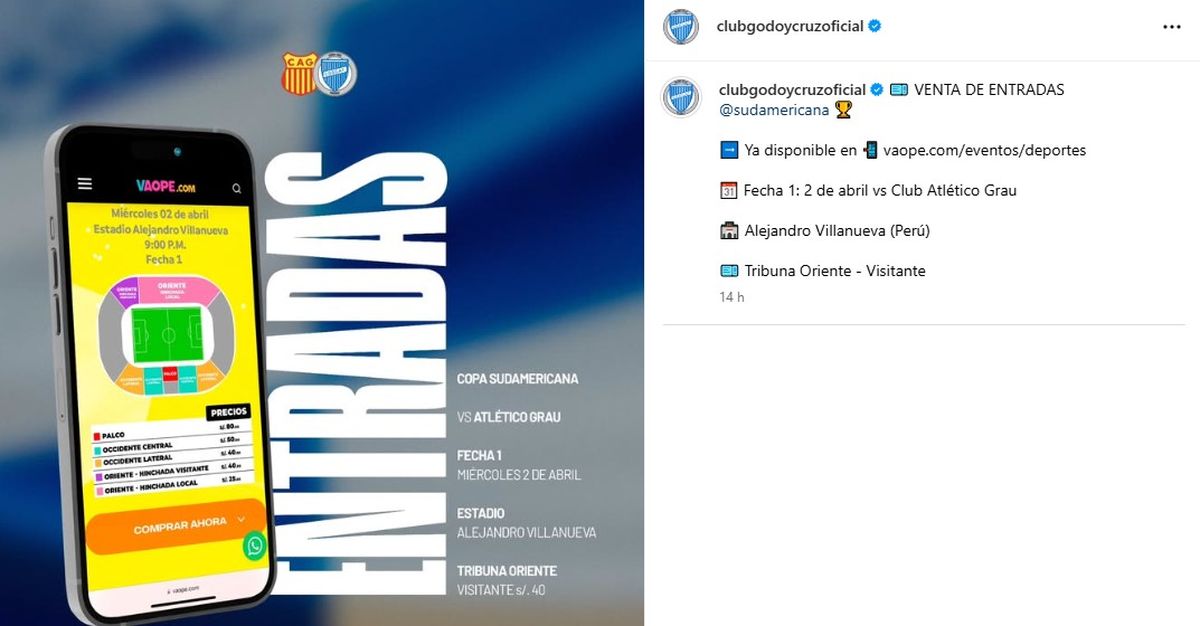 El anuncio de Godoy Cruz sobre la venta de entradas para el encuentro ante Atl&eacute;tico Grau por Copa Sudamericana.&nbsp;