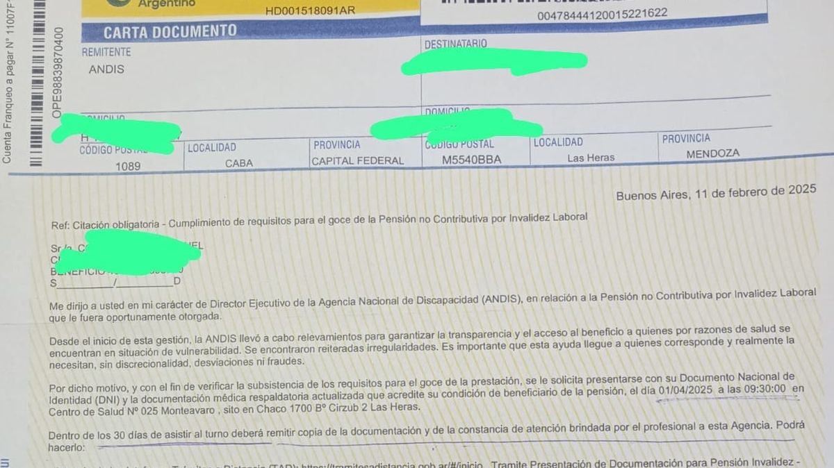 Así es la notificación de ANDIS que llega al domicilio de cada beneficiario de pensiones no contributivas por invalidez en Mendoza. Así es la notificación de ANDIS que llega al domicilio de cada beneficiario de pensiones no contributivas por invalidez en Mendoza.
