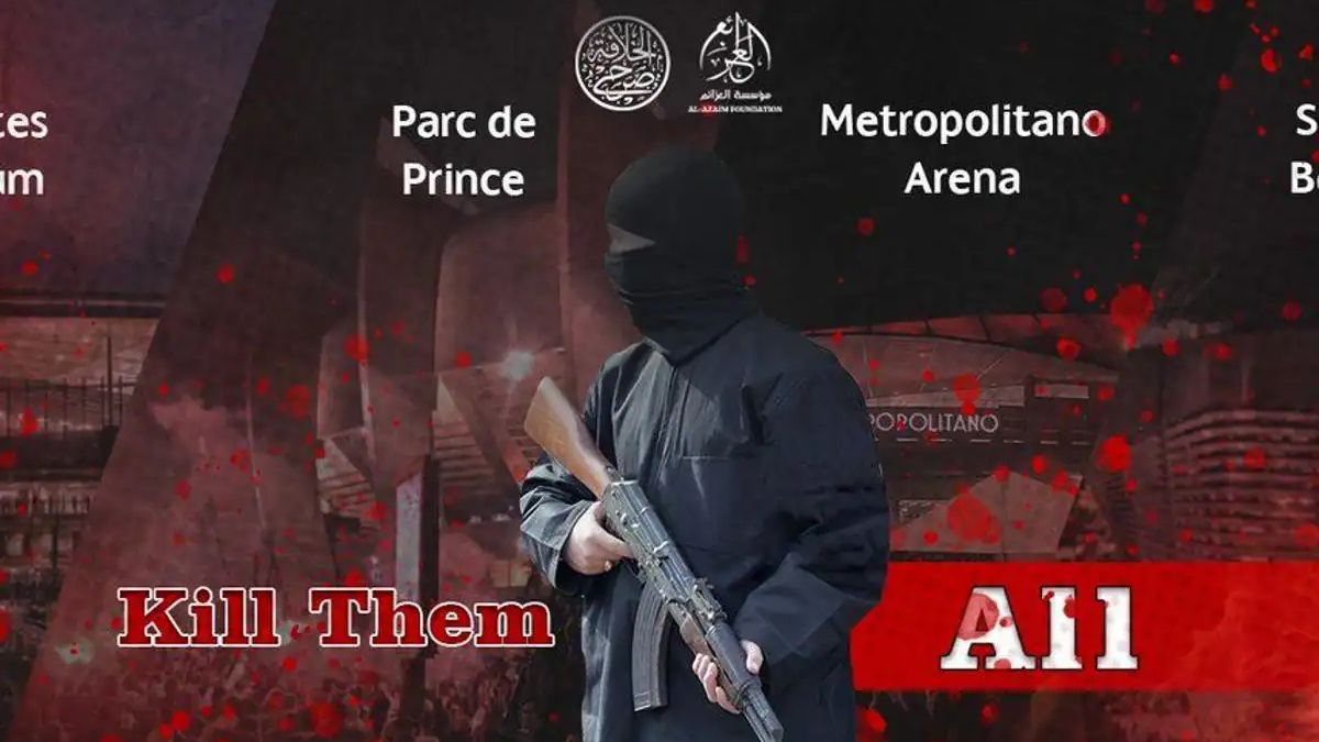 Afiche de los yihadistas con la amenaza y cada sede de los partidos de la Champions League. Afiche de los yihadistas con la amenaza y cada sede de los partidos de la Champions League.