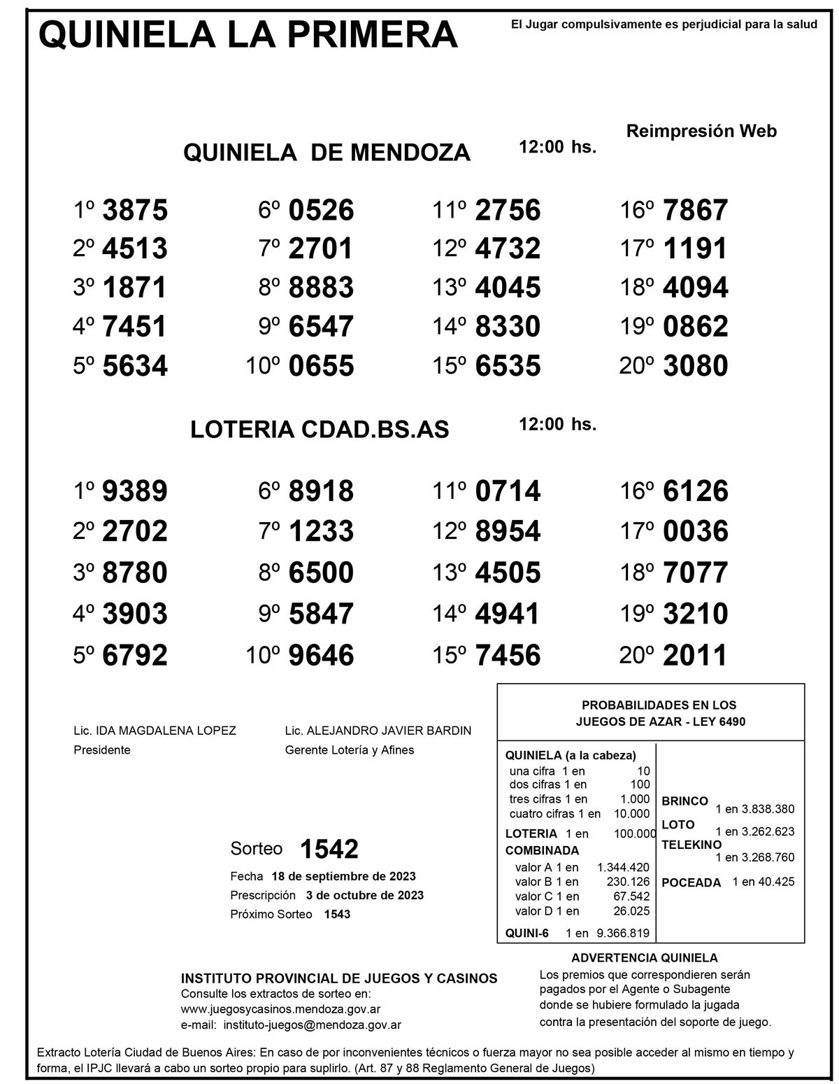 Extracto de la Quiniela de Mendoza en su edición la Primera del lunes 18 de septiembre. Extracto de la Quiniela de Mendoza en su edición la Primera del lunes 18 de septiembre.