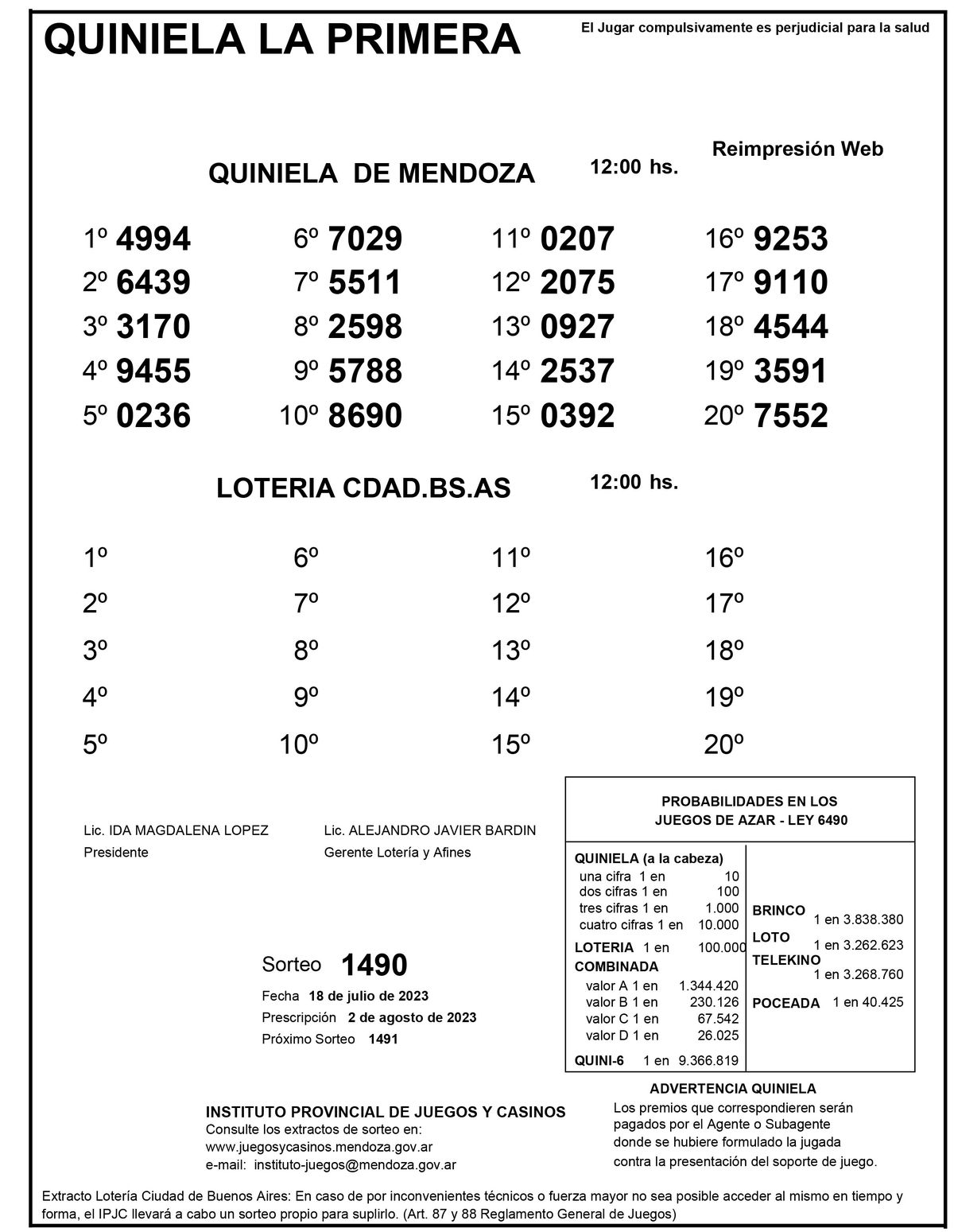 Extracto de la Quiniela de Mendoza en su edición la Primera del martes 18 de julio. Extracto de la Quiniela de Mendoza en su edición la Primera del martes 18 de julio.