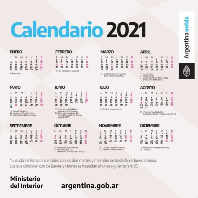 Calendario de feriados 2021. Sin el 24 de mayo, es o no feriado el 25 de mayo