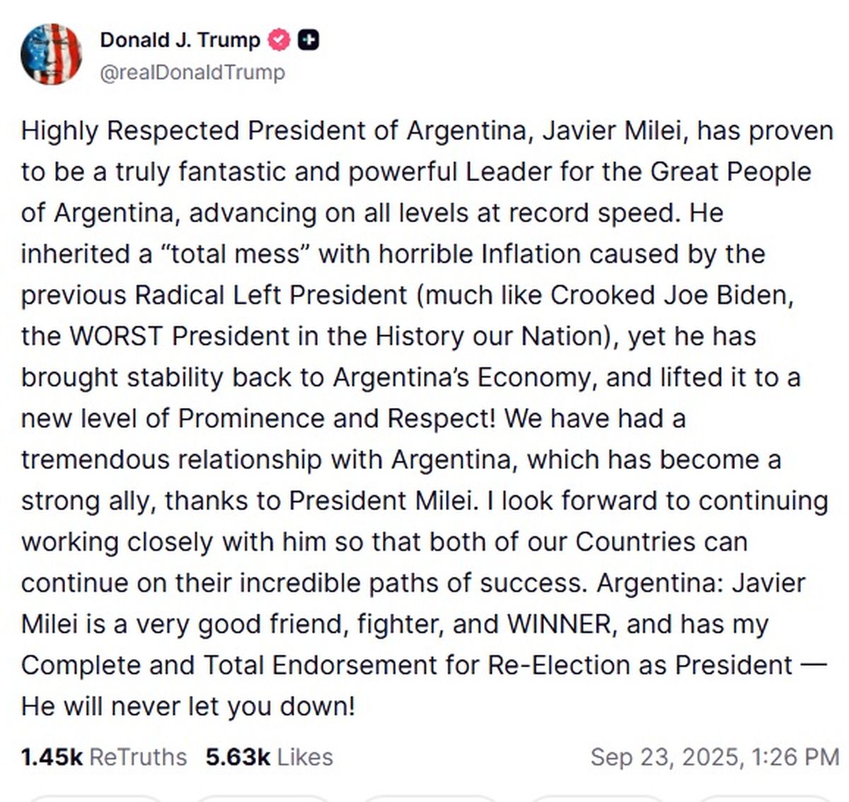 El mensaje que Donald Trump le dedicó a Javier Milei en su red social. El mensaje que Donald Trump le dedicó a Javier Milei en su red social.