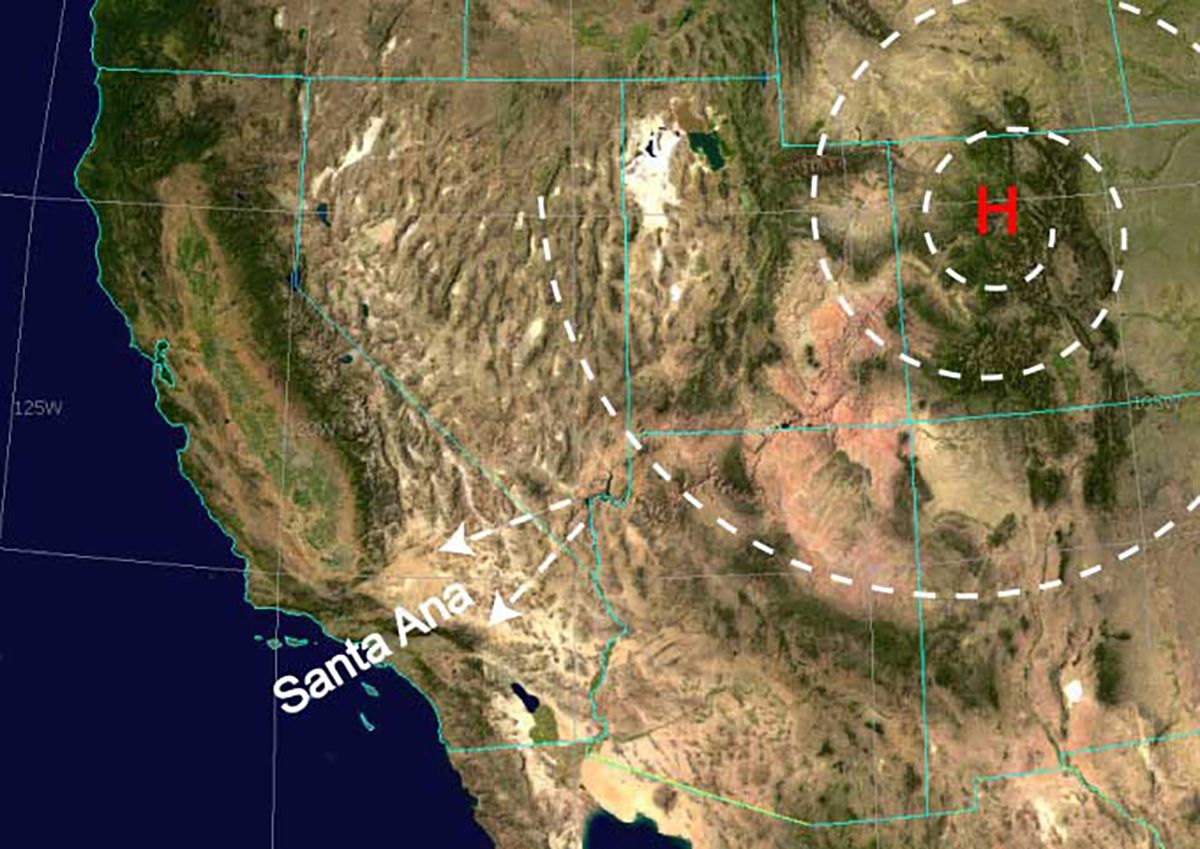 Los tipos de viento en el oeste de los Estados Unidos dan como resultado el viento de Santa Ana. Crédito: Wikipedia.