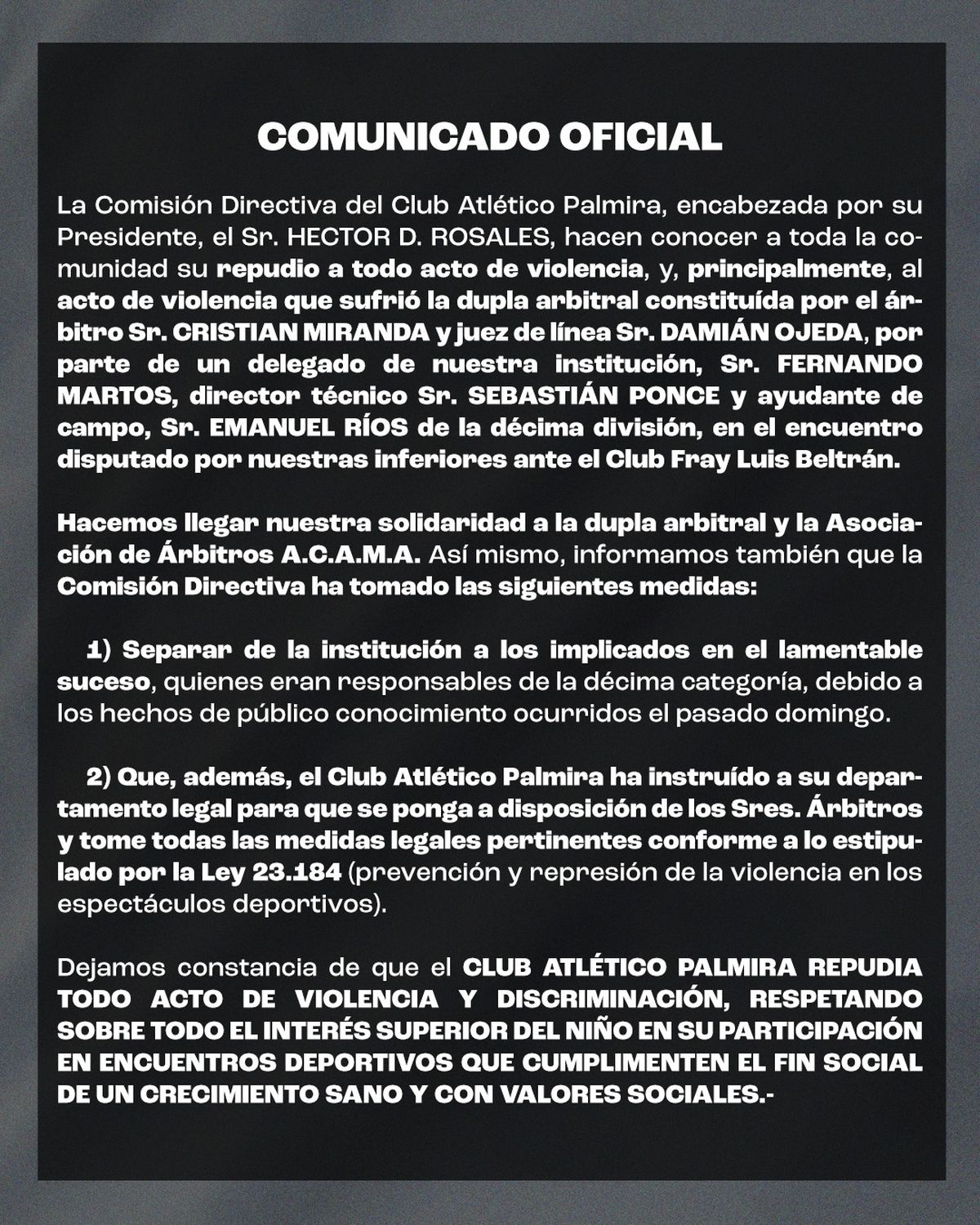 El comunicado oficial del Club Atlético Palmira publicado la noche de este lunes en sus redes. El comunicado oficial del Club Atlético Palmira publicado la noche de este lunes en sus redes.