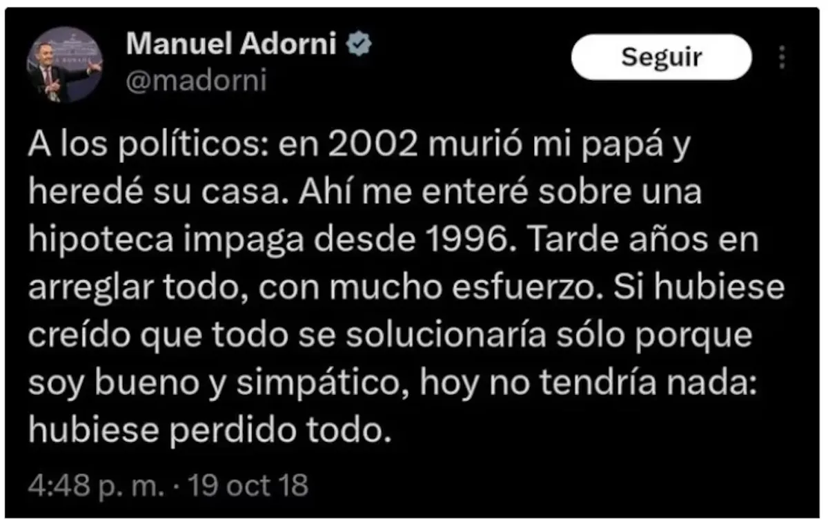 El mensaje de Adorni en 2018 que alude a la herencia que recibió de su papá El mensaje de Adorni en 2018 que alude a la herencia que recibió de su papá