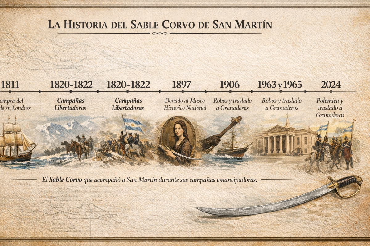 La línea de tiempo del sable corvo, un objeto que generó su propia historia más allá de la historia argentina. La línea de tiempo del sable corvo, un objeto que generó su propia historia más allá de la historia argentina.