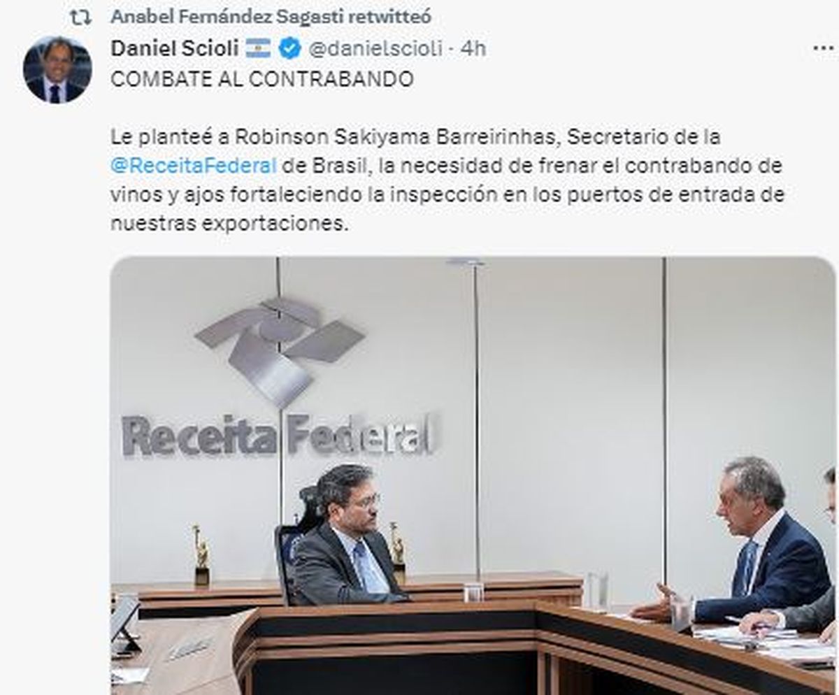 Daniel Scioli mantuvo una reunión con el secretario Especial de la Receita Federal de Brasil, Robinson Sakiyama Barreirinhas, para tratar la problemática del contrabando de vino y ajo mendocino.