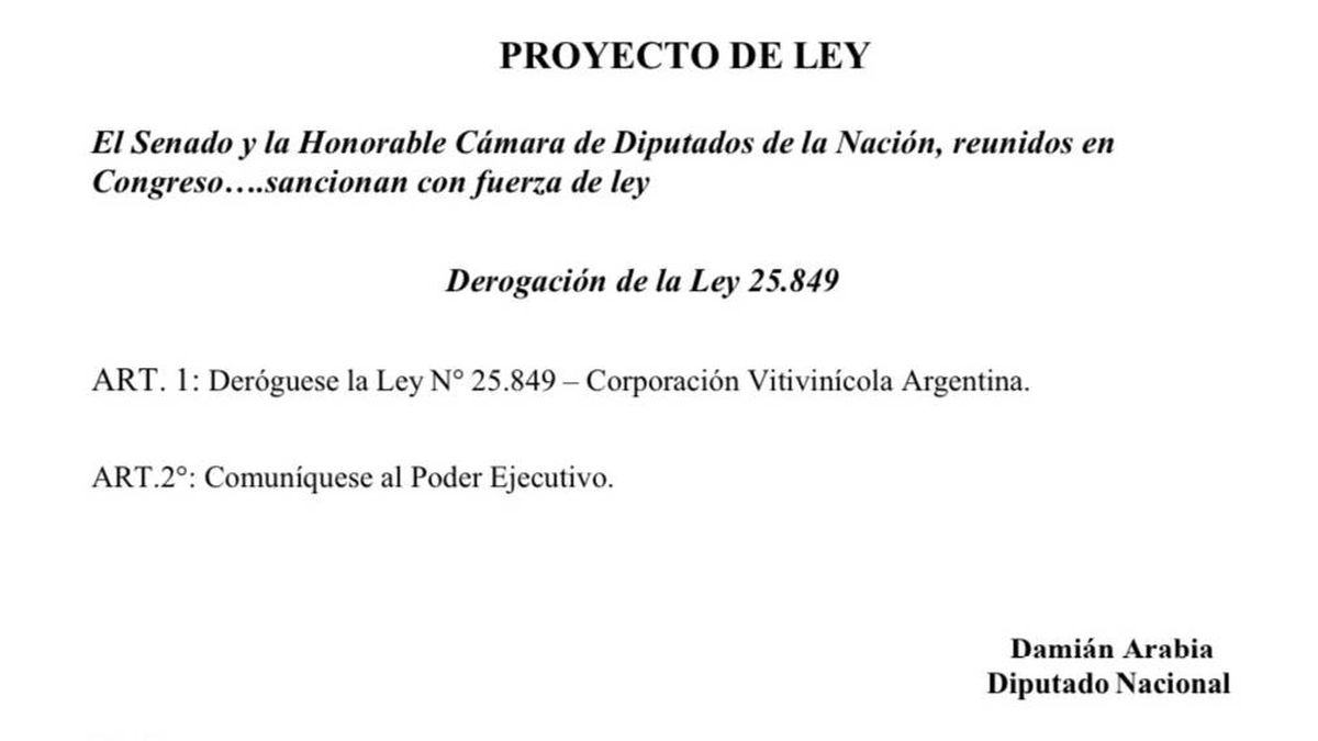 El proyecto del diputado nacional Damián Arabia para derogar la ley 25.849 que regula la COVIAR. El proyecto del diputado nacional Damián Arabia para derogar la ley 25.849 que regula la COVIAR.