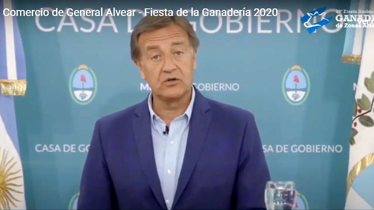 El gobernador Rodolfo Suarez hace su discurso en la Fiesta Nacional de la Ganadería que este año se presenta en formato virtual.