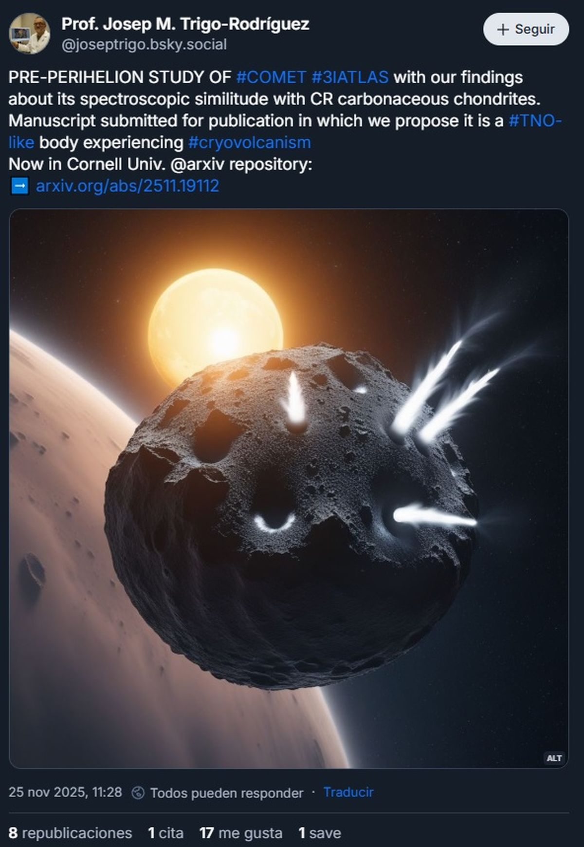 Los cient&iacute;ficos aseguran que en el cometa 3I/Atlas hay actividad criovolc&aacute;nica.