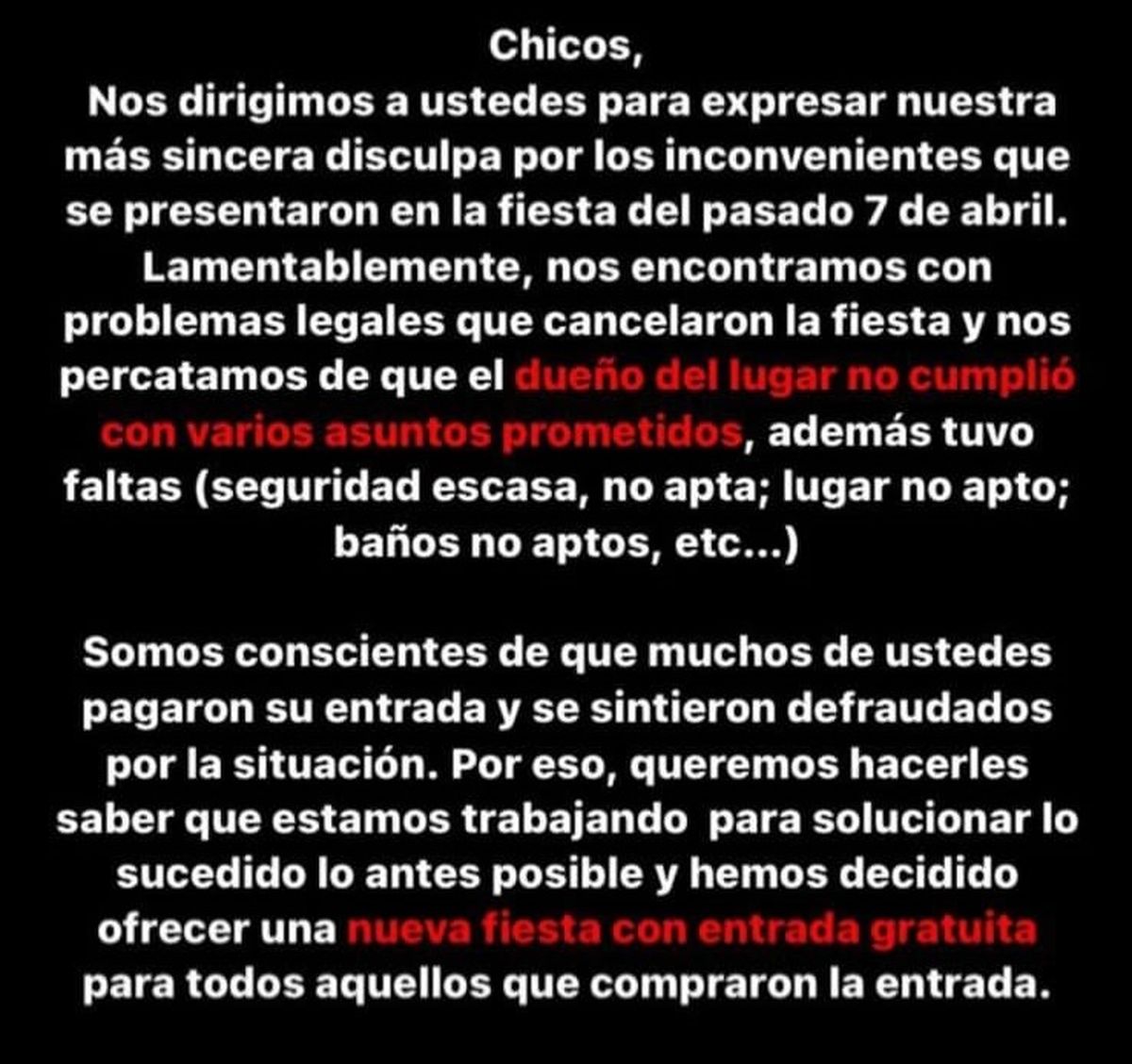 Flyer de la fiesta suspendida el 7 de abril por no tener la autorización del Ministerio de Seguridad.