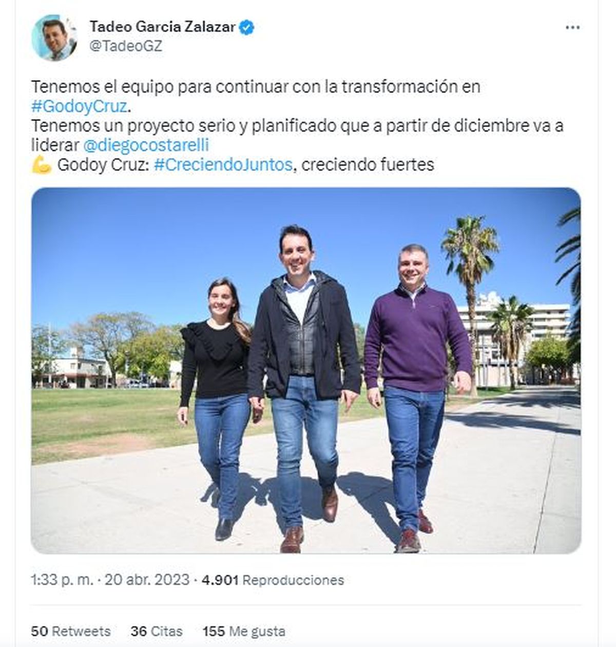 Florencia Santoni, secretaria de Desarrollo Humano, y el legislador Diego Costarelli junto al intendente Tadeo García Zalazar (en el centro).