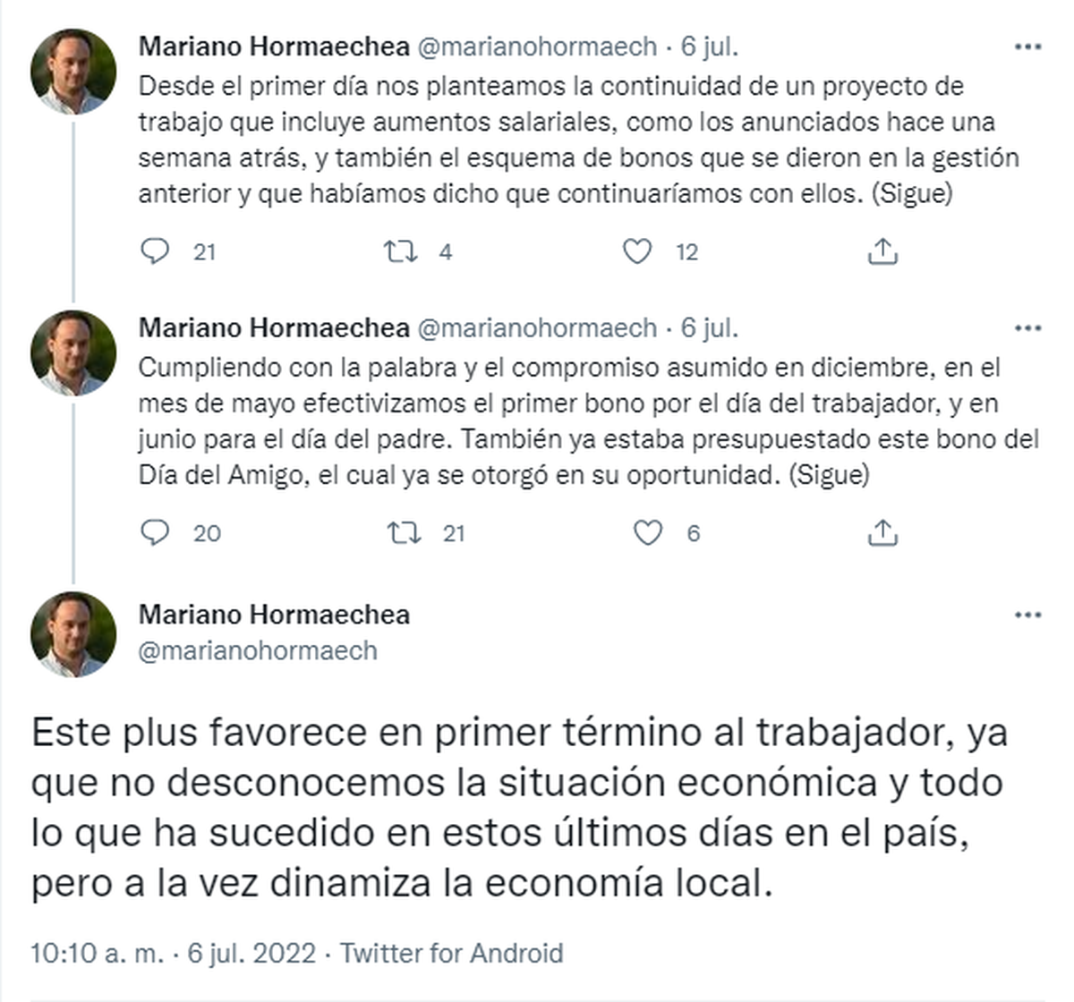 Tras el anuncio, Hormaechea explicó los motivos de entregar este tipo de bono.