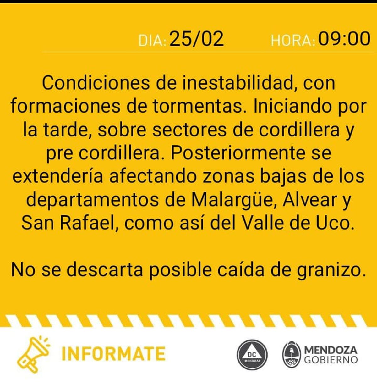 Defensa Civil emitió una alerta amarilla para este domingo en Gran Mendoza, San Rafael y Malargüe. Defensa Civil emitió una alerta amarilla para este domingo en Gran Mendoza, San Rafael y Malargüe.