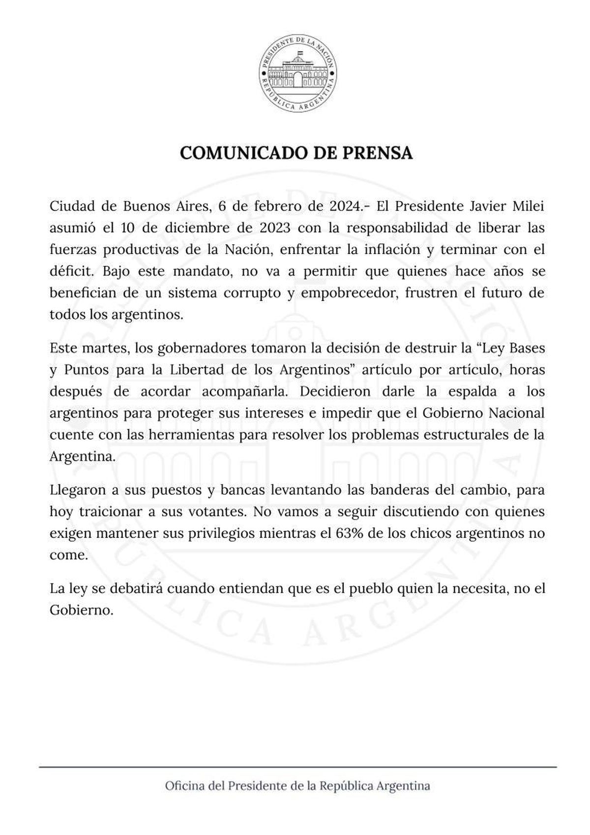 El comunicado de Presidencia. El comunicado de Presidencia.