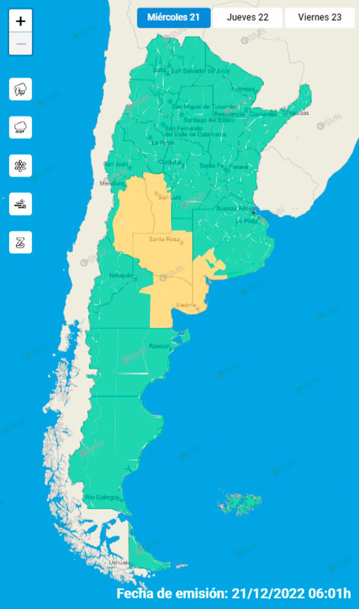 El Servicio Meteorológico Nacional (SMN) emitió también una alerta amarilla para el sureste de Mendoza.