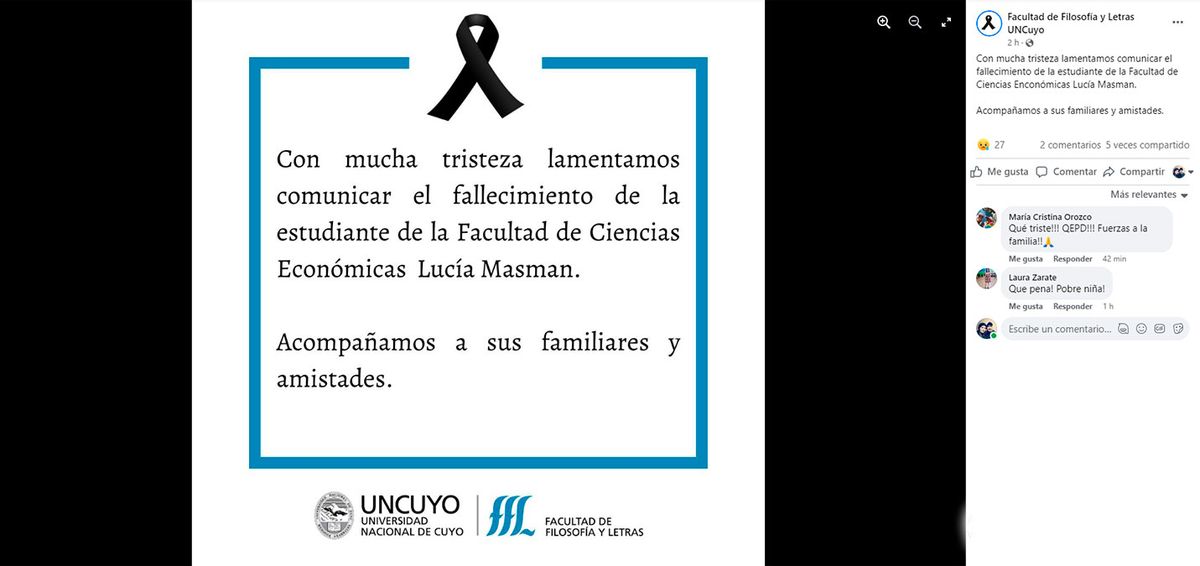 La publicación de la Facultad de Filosofía y Letras UNCuyo en Facebook.