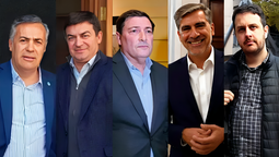 Los cinco candidatos a gobernador de Mendoza: Alfredo Cornejo, Omar De Marchi, Omar Parisi, Mario Vadillo y Lautaro Jiménez.