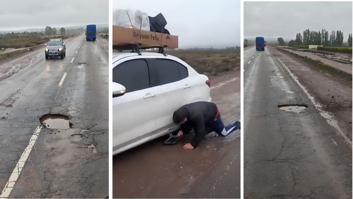 Así se ven los baches de la Ruta 7, a la altura de la Destilería de Luján de Cuyo, que este sábado provocaron que más de 10 vehículos reventaran neumáticos.&nbsp;