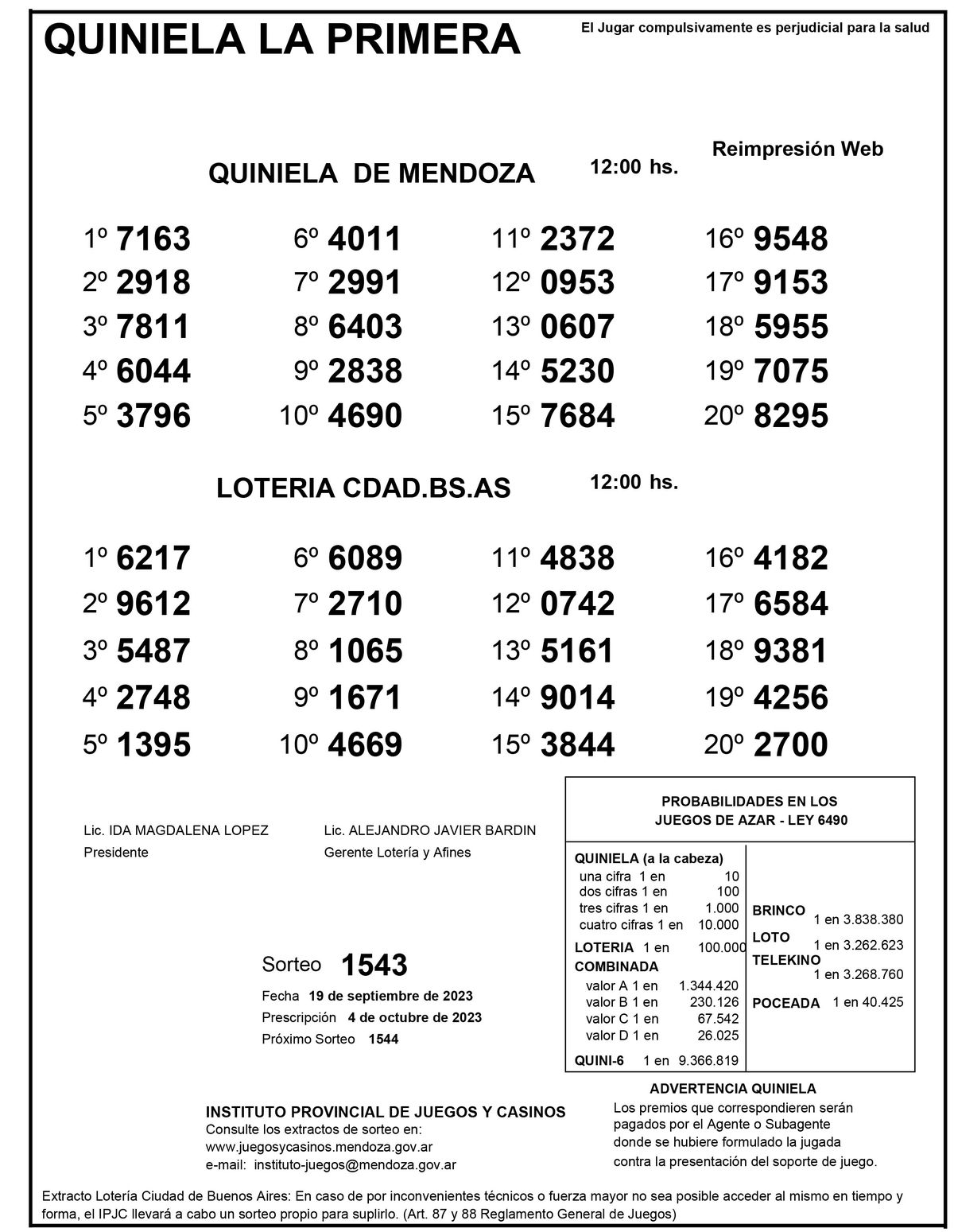Extracto de la Quiniela de Mendoza en su edición la Primera del martes 19 de septiembre. Extracto de la Quiniela de Mendoza en su edición la Primera del martes 19 de septiembre.