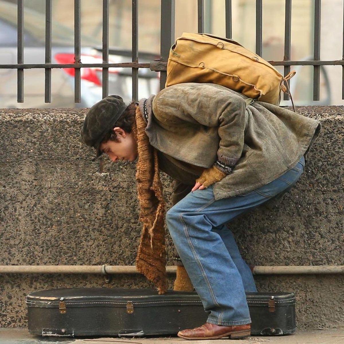 Timothée Chalamet filmando la biopic de Bob Dylan. Timothée Chalamet filmando la biopic de Bob Dylan.