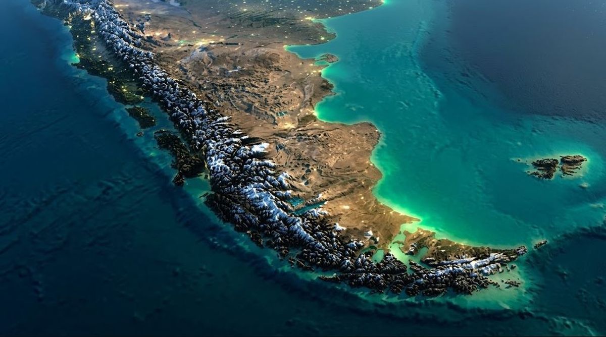 Las Islas Malvinas, dentro de la plataforma continental argentina. Imagen satelital.&nbsp;