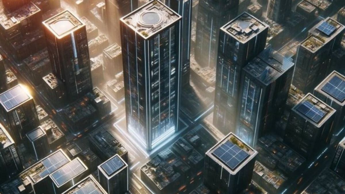 Una ilustración de una ciudad que produce su propia electricidad con edificios forrados de paneles solares. (Inteligencia artificial/Dall-e/Novaceno) Una ilustración de una ciudad que produce su propia electricidad con edificios forrados de paneles solares. (Inteligencia artificial/Dall-e/Novaceno)