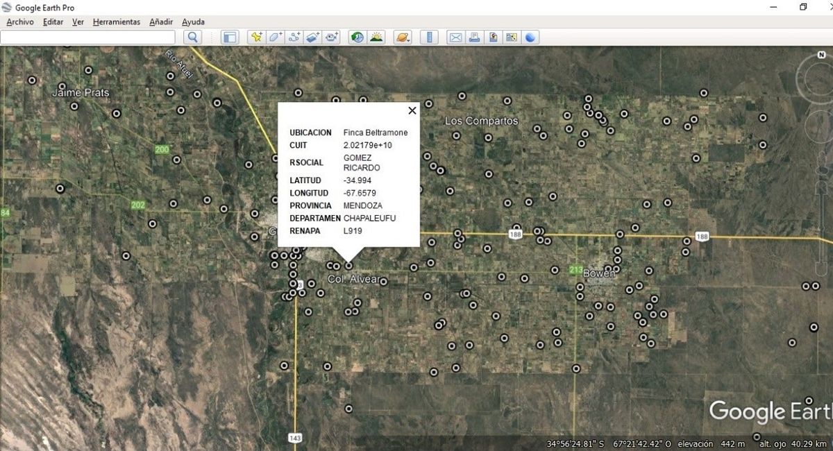 Un mapa georreferenciado donde figuran algunos productores apícolas de Mendoza.