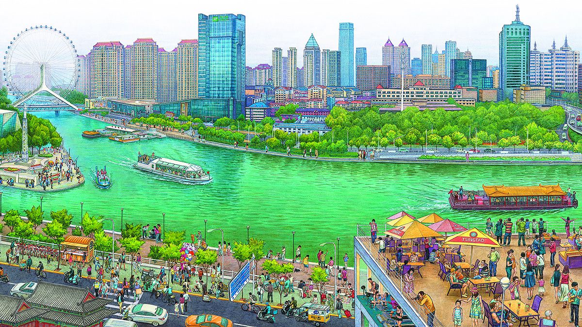 Una ilustración del libro de imágenes China a lo largo del tiempo: Un viaje de 2.500 años por el canal más importante del mundo, muestra el paisaje urbano en auge de Tianjin, a través del cual corre el Gran Canal. EDITORIAL DE LA ENCICLOPEDIA DE CHINA