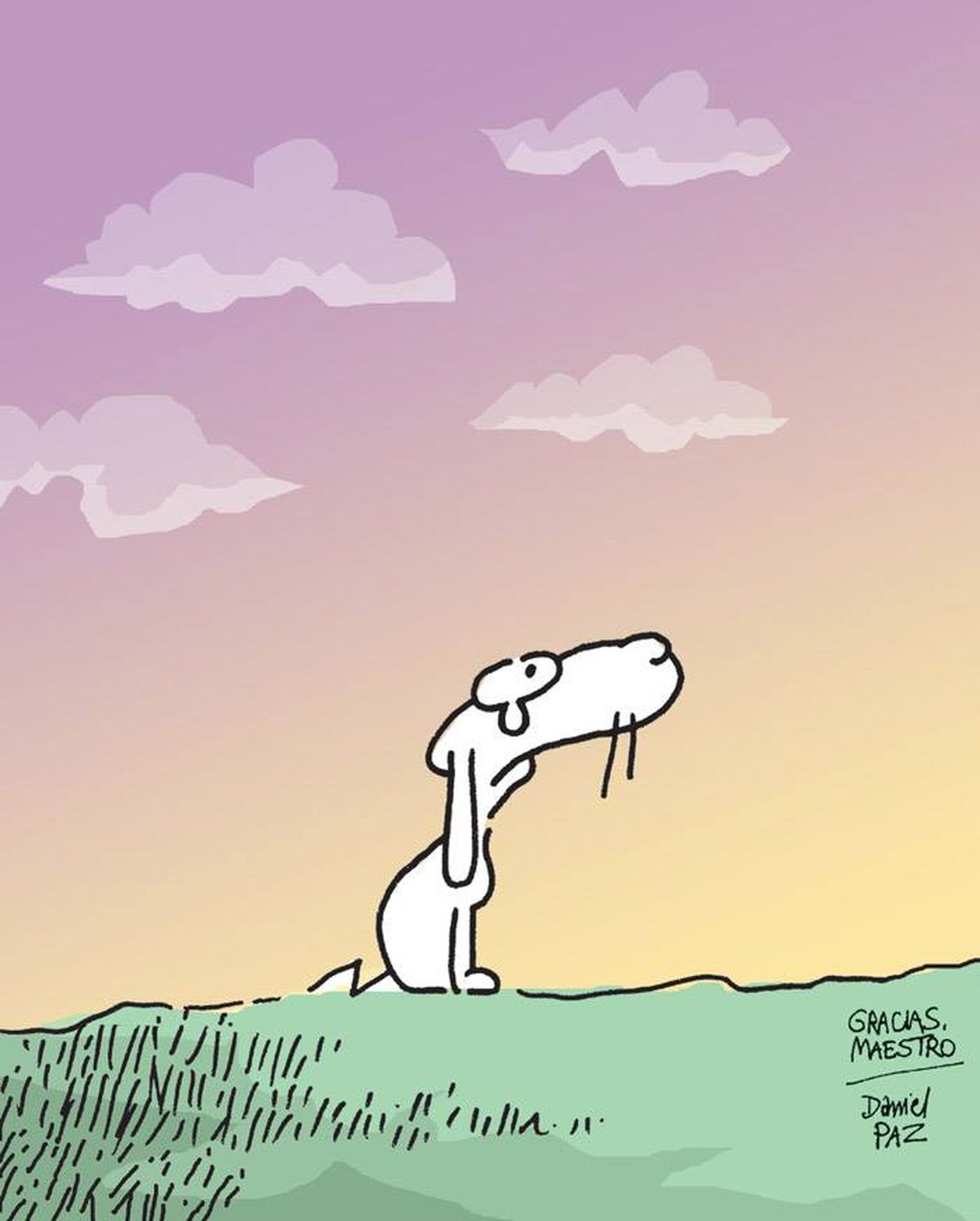 El dibujo que Daniel Paz le dedicó a Roberto Fontanarrosa tras su muerte. Mendieta mirando al cielo con una lágrima en sus ojos