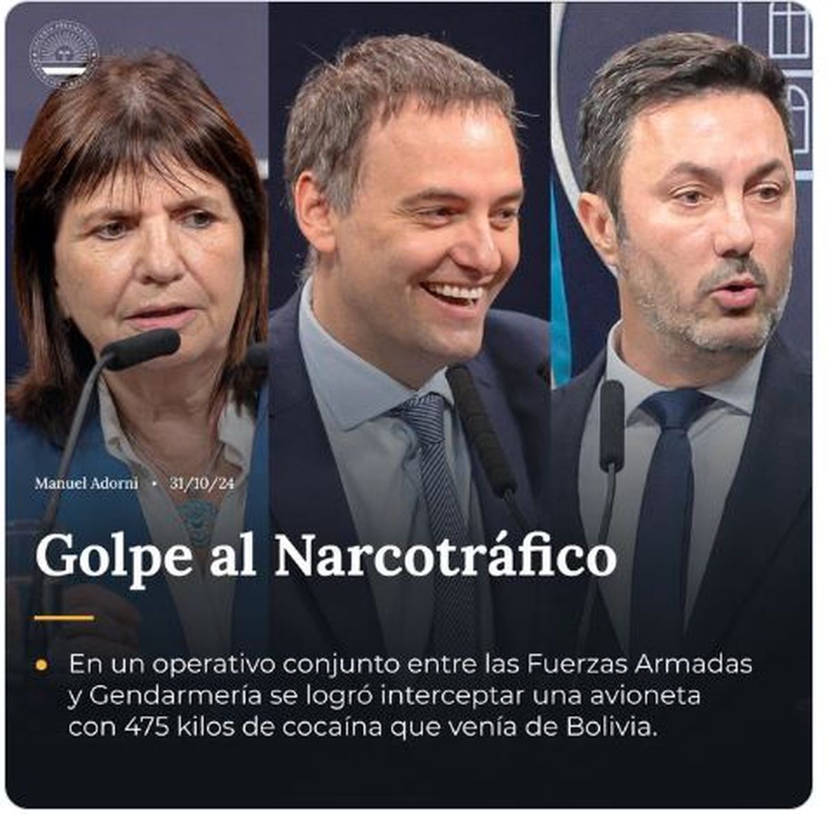 Imagen difundida por Presidencia con Patricia Bullrich, Manuel Adorni y Luis Petri celebrando el anuncio del operativo antidroga. Imagen difundida por Presidencia con Patricia Bullrich, Manuel Adorni y Luis Petri celebrando el anuncio del operativo antidroga.