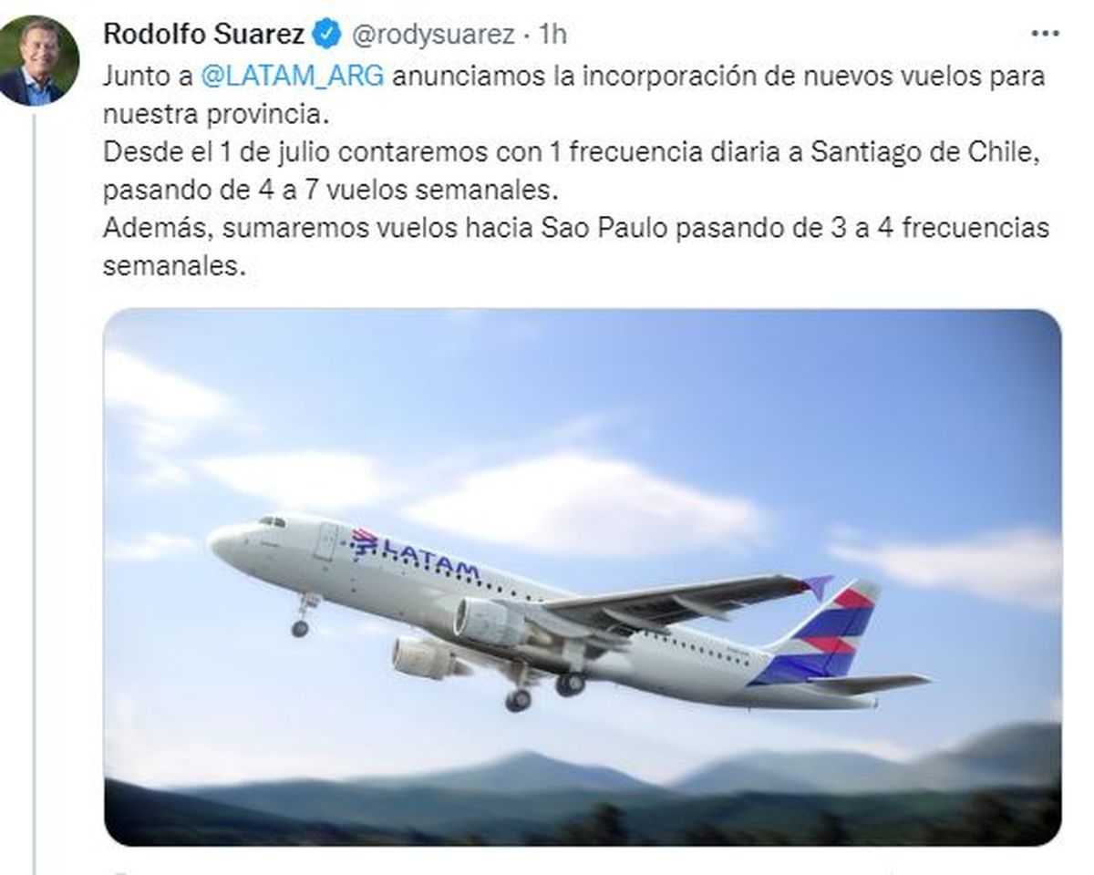 El tuit del gobernador sobre los nuevos vuelos en Mendoza.