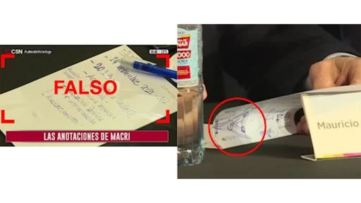 Las anotaciones atribuidas a Macri por el canal no coinciden con las que s&iacute; se ven escritas por Macri durante el mismo corte de C5N, segundos antes.