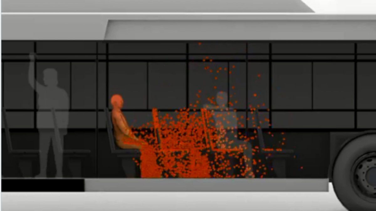 Esta imagen tomada del video realizado con una investigación de dos científicos del Conicet demuestran cómo se propaga el aerosol generado por un estornudo dentro de un colectivo.