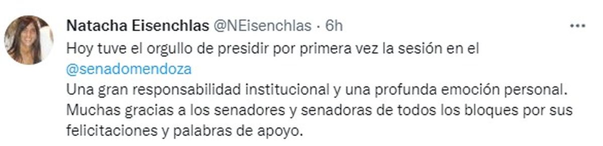 El tuit de Natacha Eisenchlas tras la sesión en el Senado.