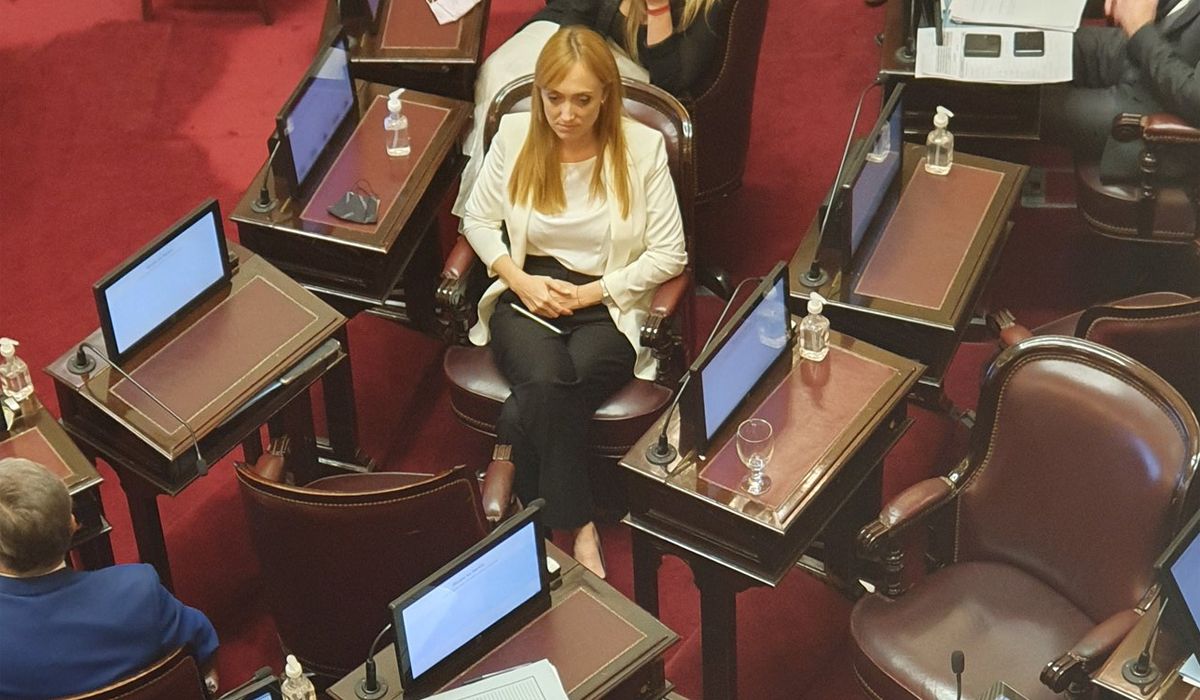 La senadora Anabel Fernández Sagasti mira atentamente a su compañera María Inés Pilatti Vergara que anticipaba su voto en contra.&nbsp; 